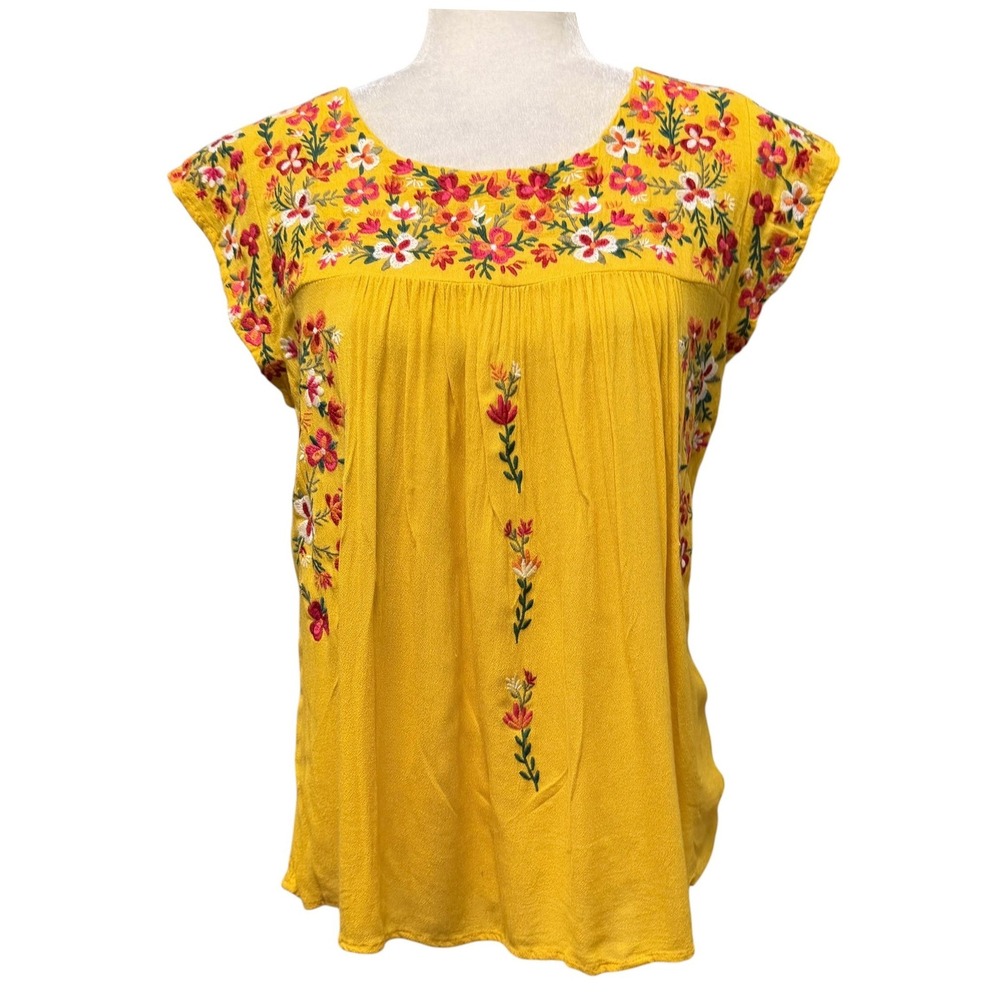 Womens M Embroidered Top Yellow Boho Floral Peasant Prairie Cottagecore Feminine